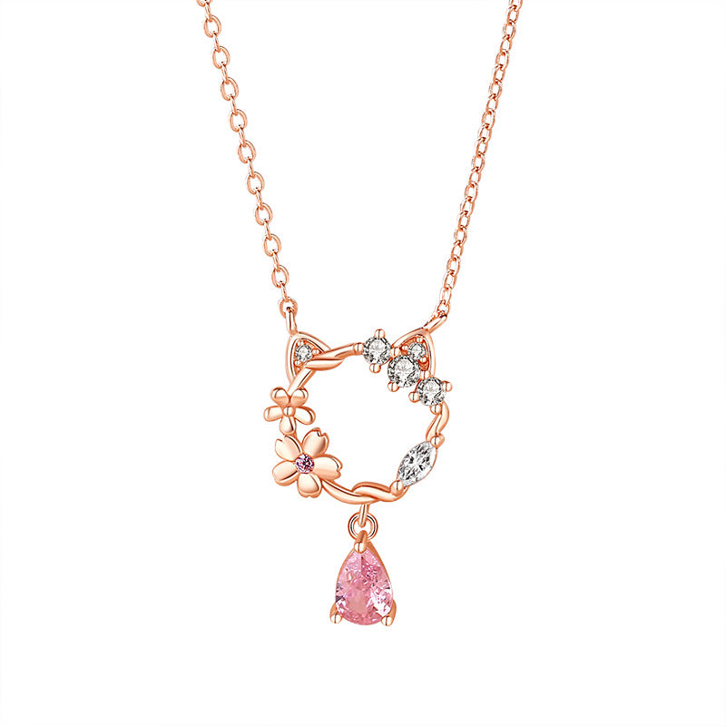 Peach Blossom Cat 925 Sterling Silver Micro-Inlaid Ins Style Necklace: Trendy and Timeless Accessory