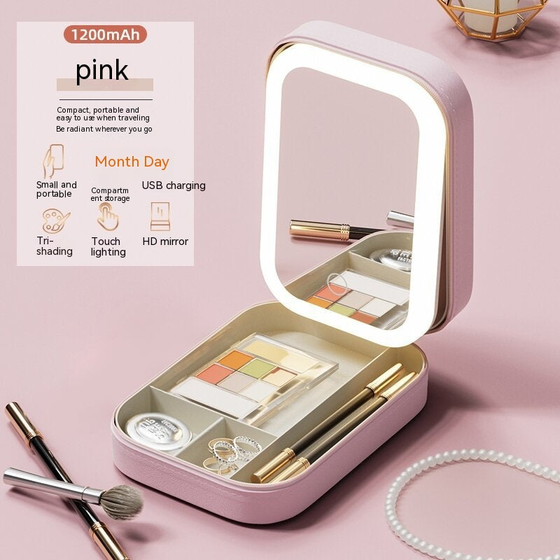 Portable Makeup Storage Box with LED Light Mirror: Travel-Friendly Cosmetic Organizer with Touch-Activated Light